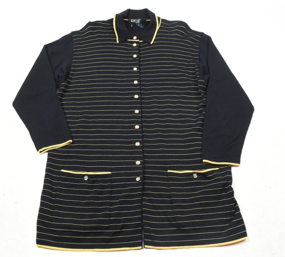 ESCADA Cardigan Sweater Womens 40 Black Gold Striped Long Sleeve Wool Blend